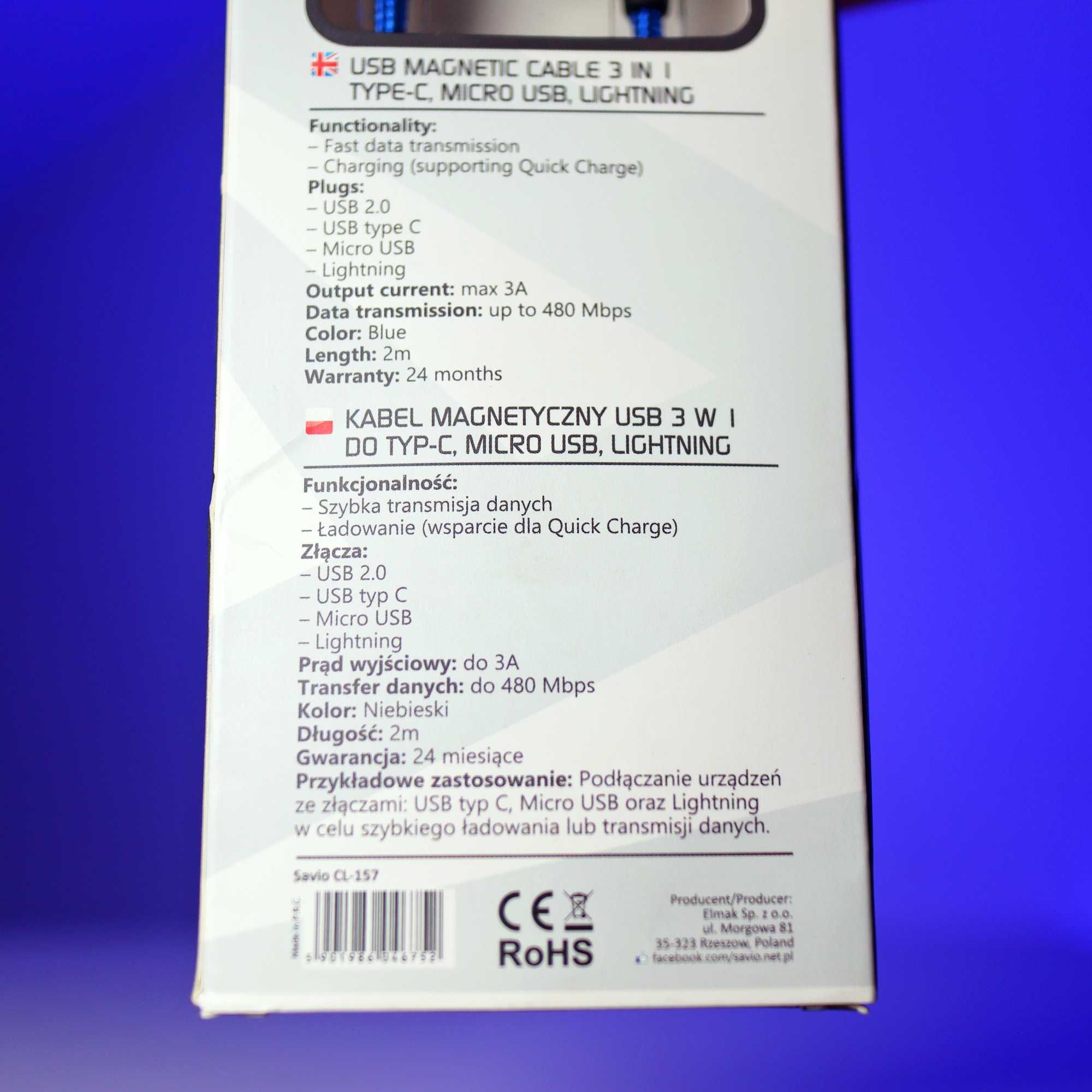 Kabel magnetyczny USB - USB-C / Micro USB / Lightning - Savio CL-157