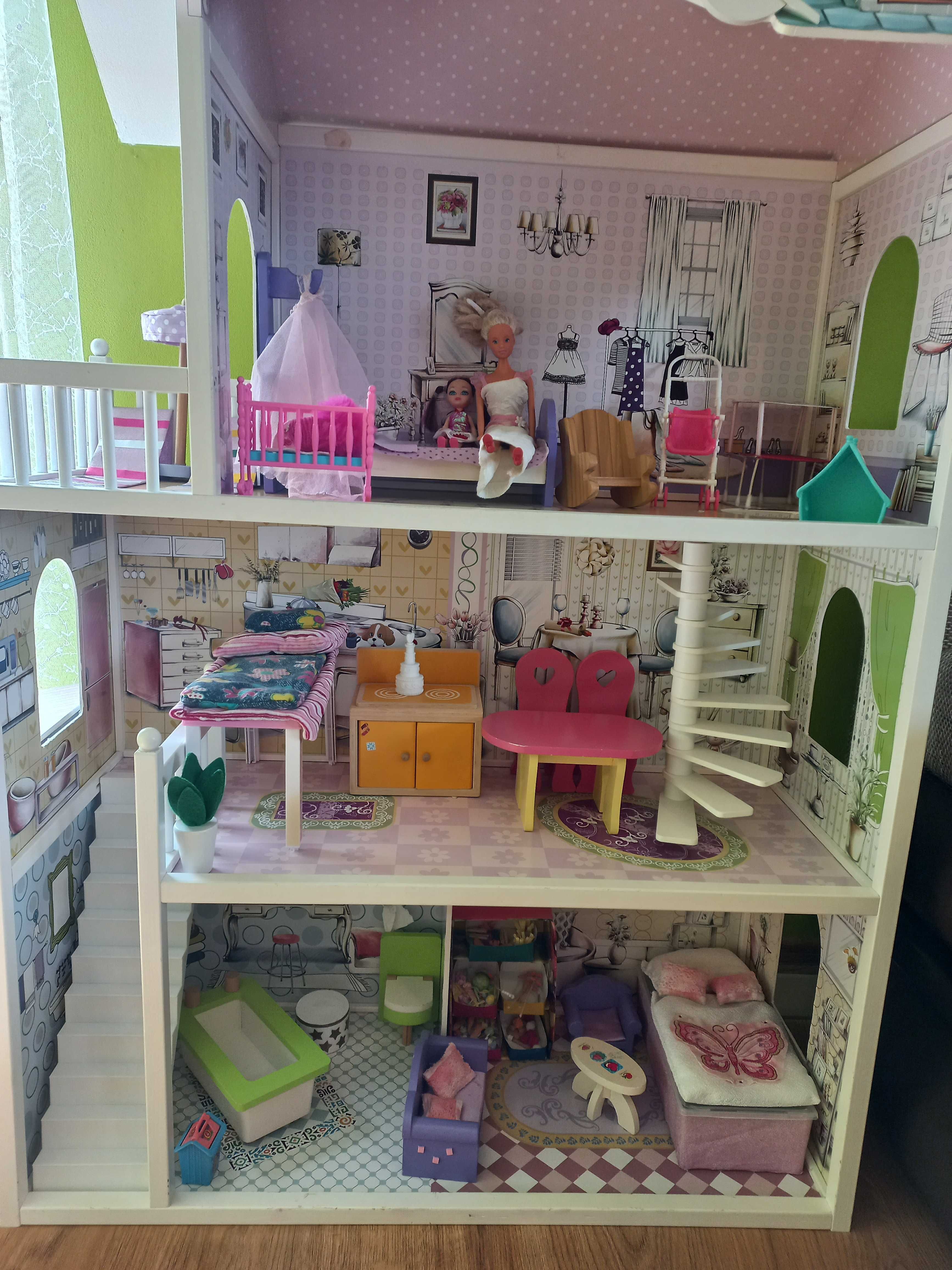 Domek drewniany XXL dla lalki barbie z garażem, wyposażeniem i lalkami
