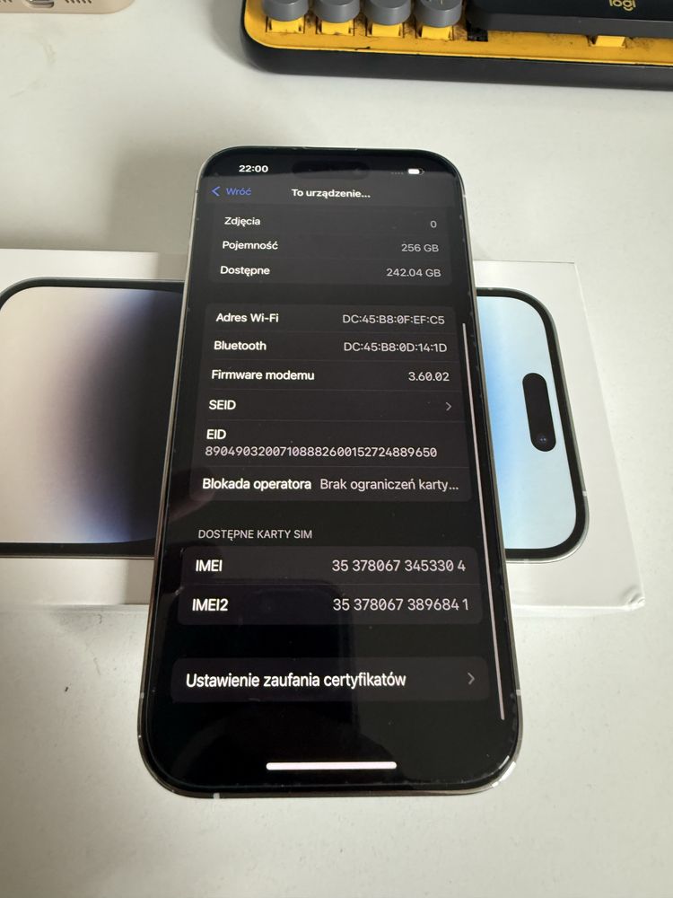 iPhone 14 Pro 256gb Silver Stan Idealny Oryginalna Bateria 93%