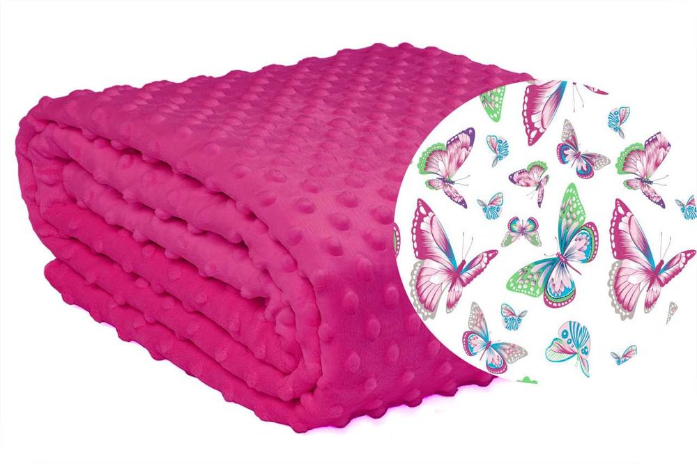 Dziecięca Dwustronna Narzuta Koc Łóżko 90x200 Minky Różowa Motylki