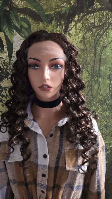 Peruka lace front 66cm brąz z refleksami +czepek gratis