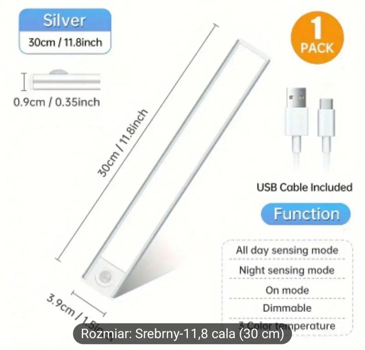 Lampa podszafkowa kuchenna panel LED czujnik ruchu trzy kolory 30cm