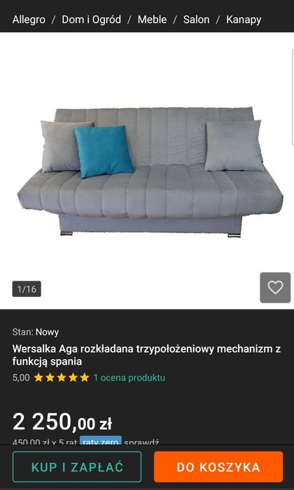 Wersalka Aga rozkładana trzypołożeniowy mechanizm z funkcją spania