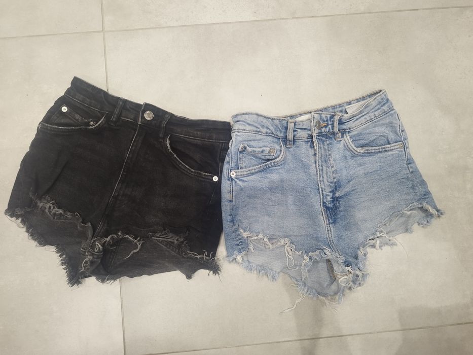 2x krótkie spodenki Zara 34 XS czarne jeans poszarpane wycięte