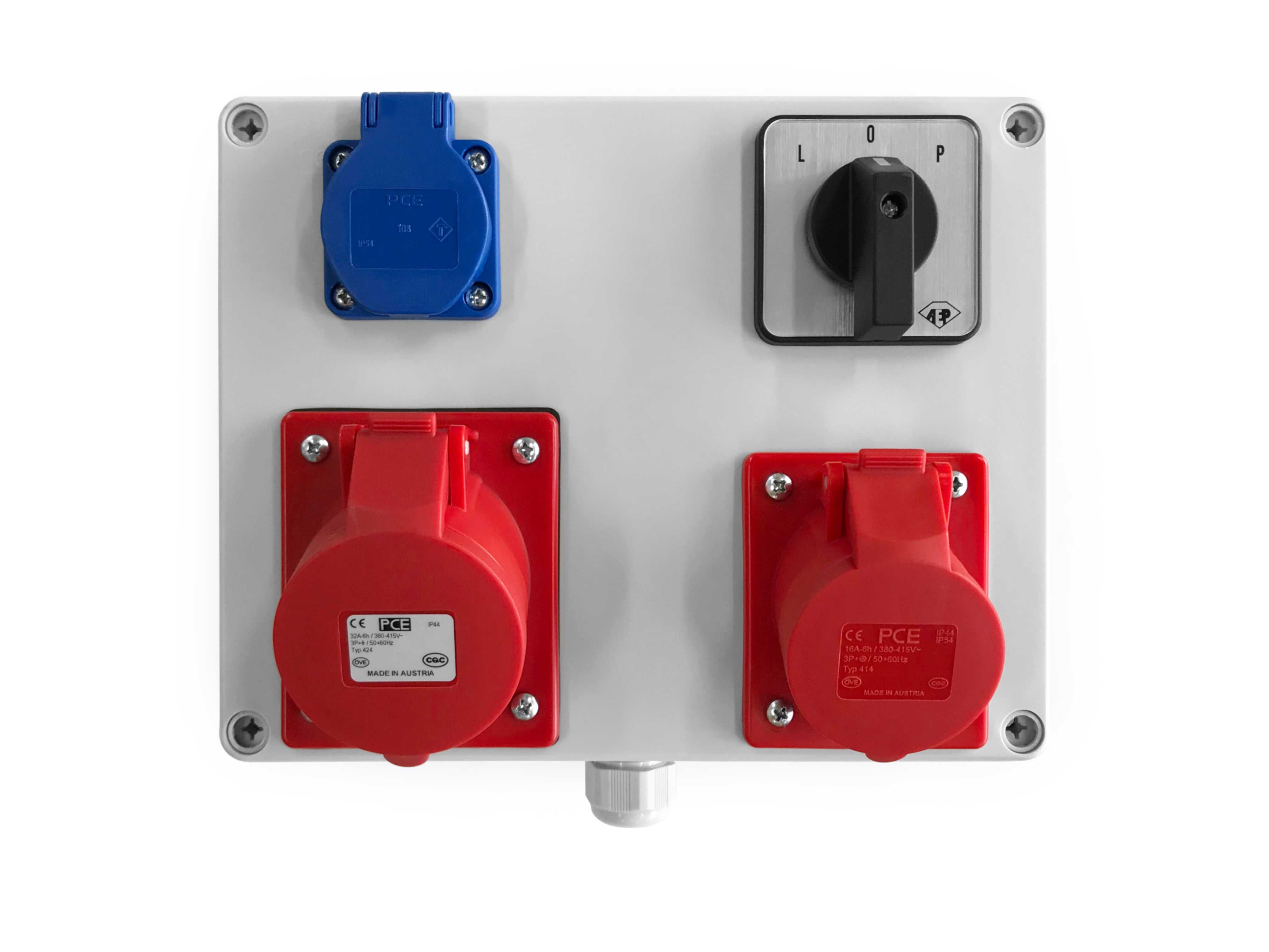 Skrzynka elektryczna, gniazda 1x16A 230V | 1x16A/1x32A 4P 400V + L-0-P