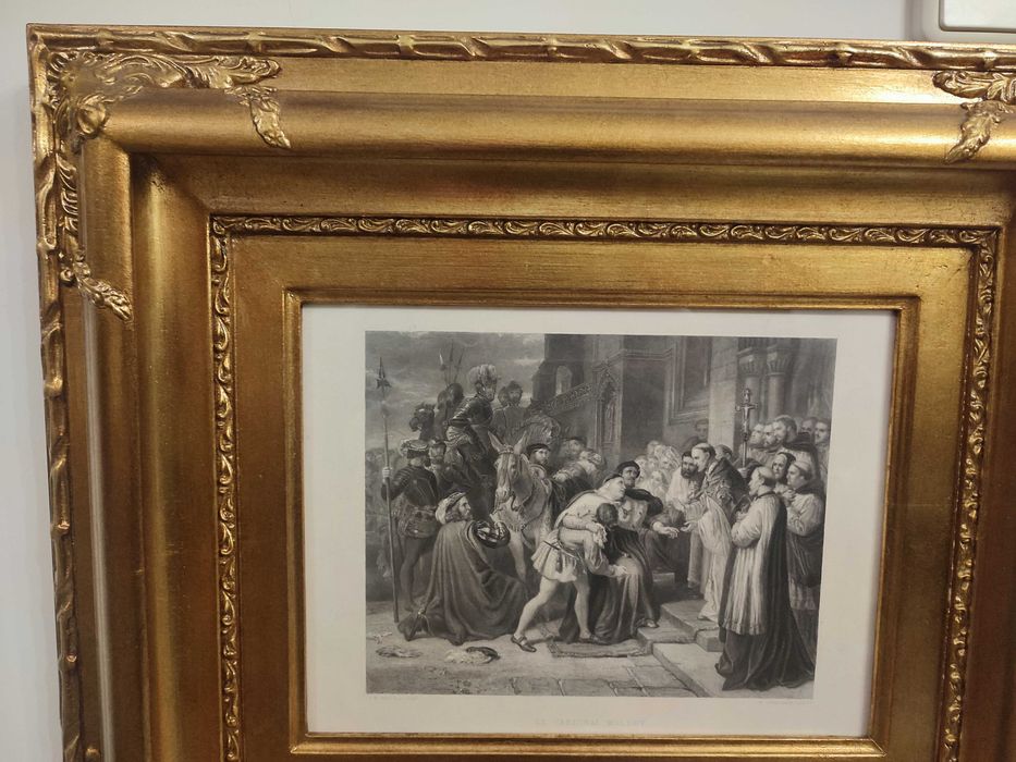 Quadro com moldura dourada e gravura preto e branco