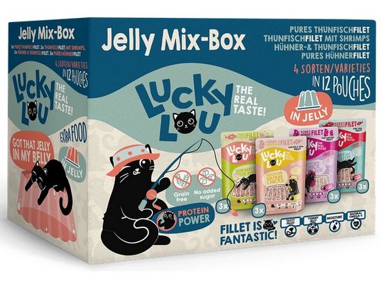 Karma dla kotów bez cukru/zbóż Lucky Lou Mix smaków w galaretce 12x70g