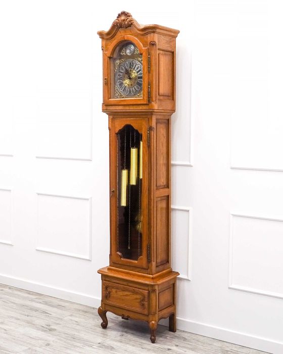 Dębowy ZEGAR stojący podłogowy Zegar Ludwik lata 60. wahadło odważniki