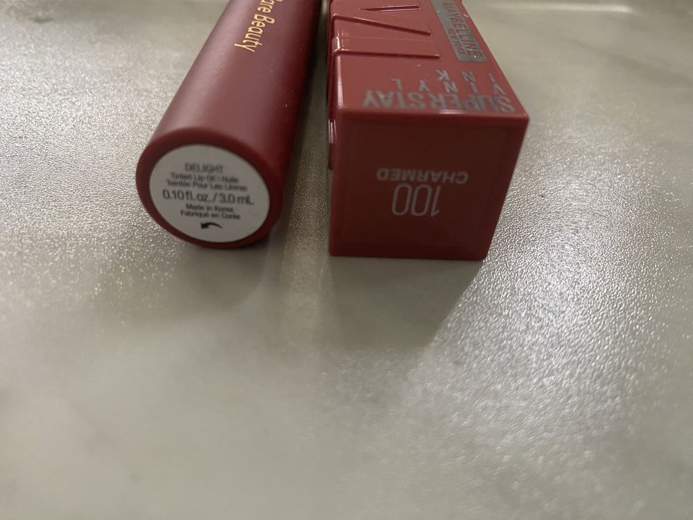 Rare Beauty Tinted Lip Oil Delight + Maybelline