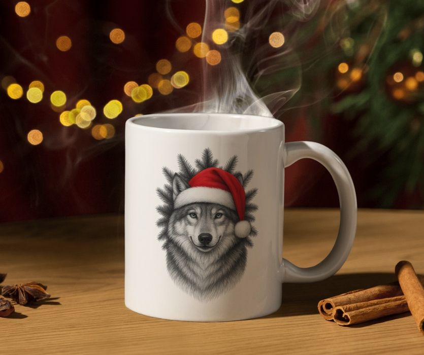 Kubek świąteczny z wilkiem w czapce Mikołaja – Wilcza Magia Świąt