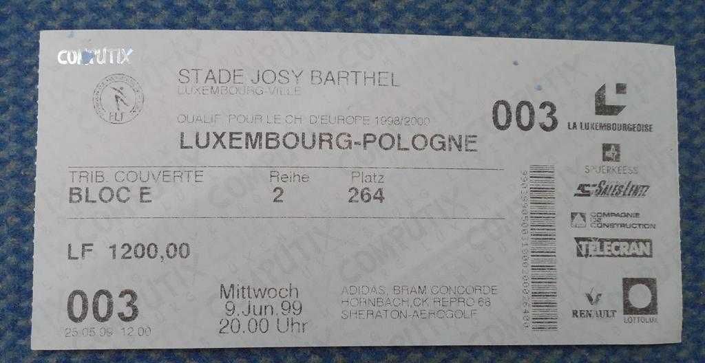 Bilet mecz LUKSEMBURG - POLSKA Eliminacje ME 2000 (9.06.1999 )