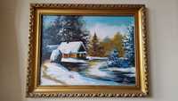 Obraz - "Krajobraz zimowy. Chata na płótnie" - 48x38 cm - Farba olejna