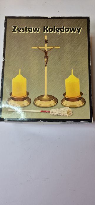 Stary mosiężny zestaw kolędowy krucyfiks świeczniki starocia PRL T26