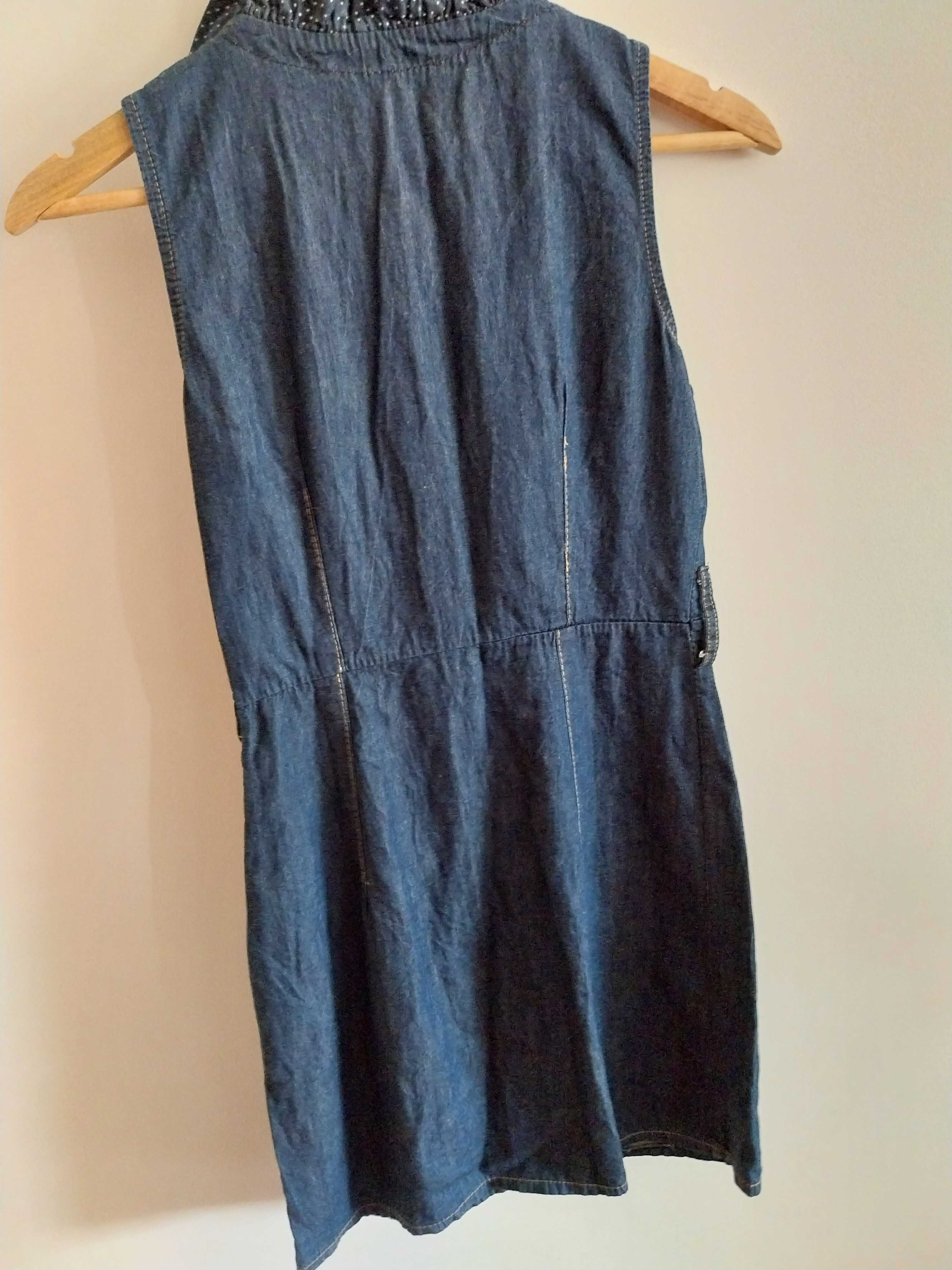 Vestido de ganga, com decote com folhos, 100% algodão, tamanho S/36