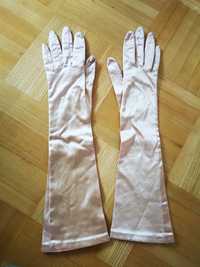 Rękawiczki długie ozdobne atłasowe beżowe