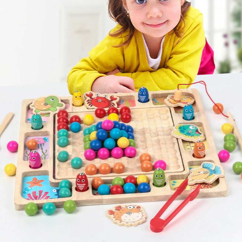 Drewniana gra 3w1 - Mozaika, Bubble Shooter, Rybki