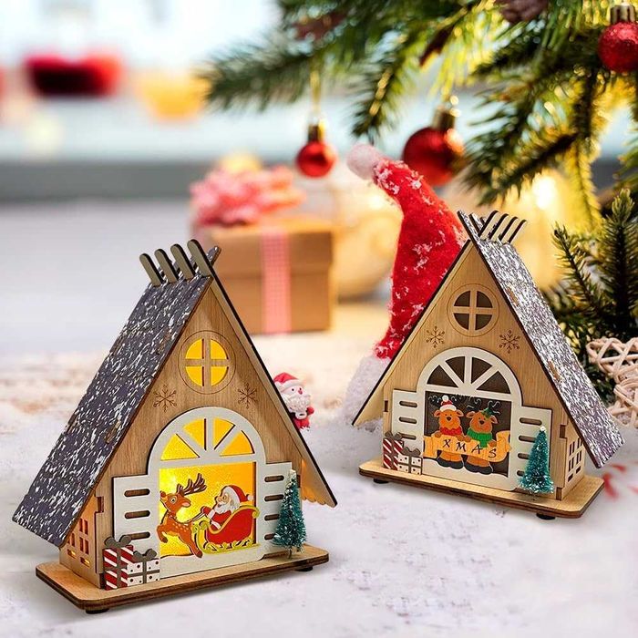 Drewniane Domki Chatki Świąteczne LED Zestaw 2 szt. na Boże Narodzenie