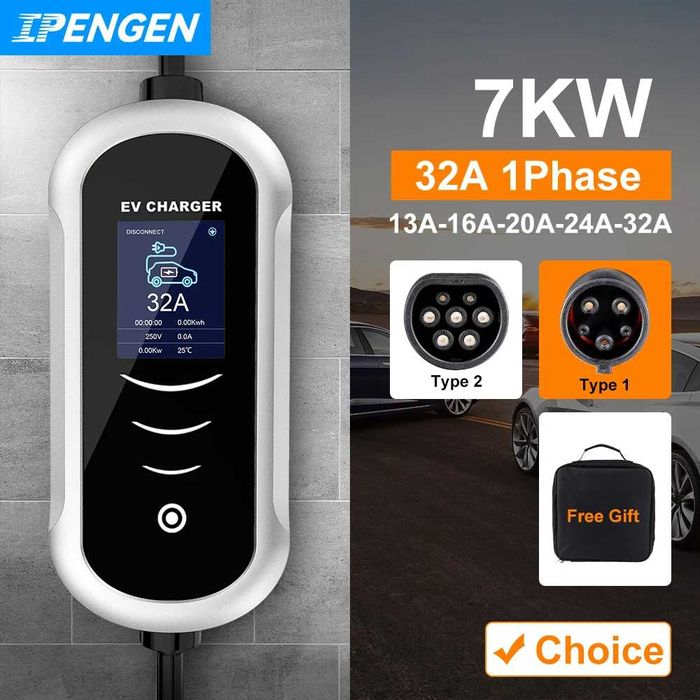 Зарядний пристрій електро EV авто 32A 7 KW 1 фаза type 1, type 2