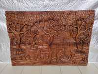 Велика антикварна картина панно з червоного дерева