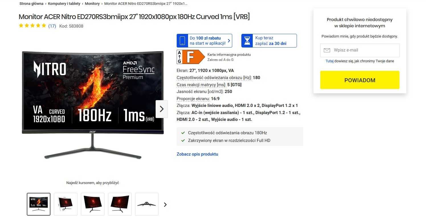 Monitor Gamingowy Acer 27 cali na gwarancji Zakrzywiony Ekran