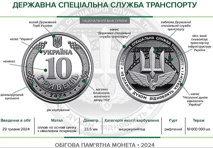 Колекційна монета НБУ ЗСУ 10 грн Державна спеціальна служба транспорту