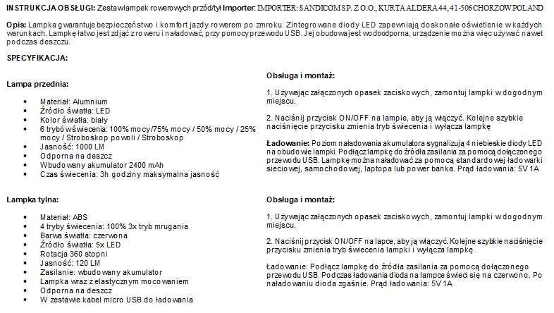 Lampka rowerowa przód + tył oświetlenie rowerowe ipx45 latarka led