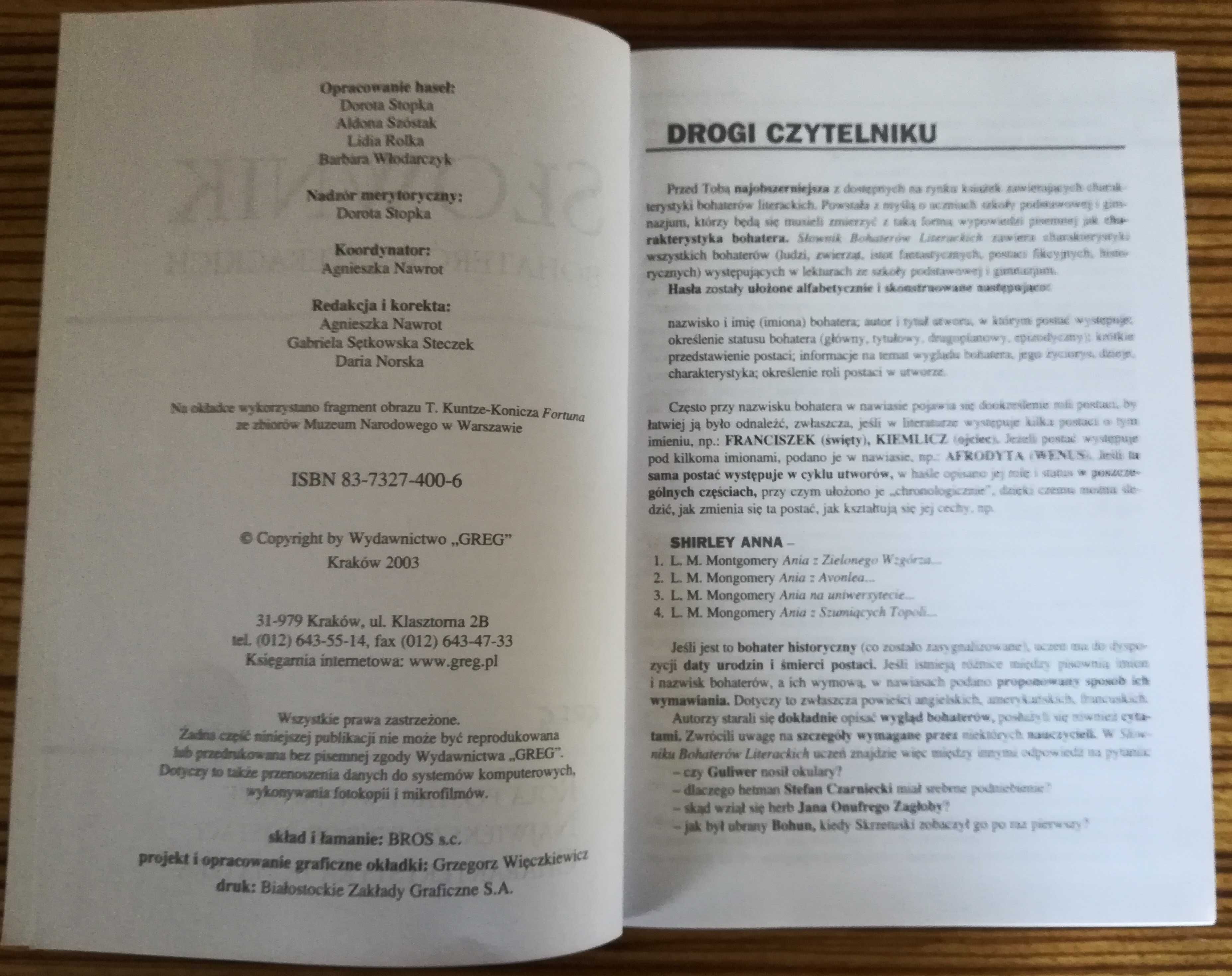 Słownik Bohaterów Literackich. Wydawnictwo GREG. Stan bdb jak nowa