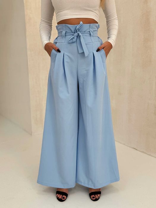 Spodnie szerokie palazzo z kokardą baby blue wysoki stan eleganckie L