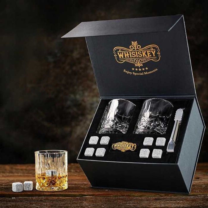 Zestaw Prezentowy do Whisky 2 Kryształowe Szklanki Kamienie do Whisky