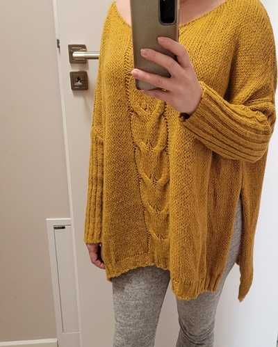 Żółty (musztardowy) sweter / pulower oversize z rozcięciami, XL (42)