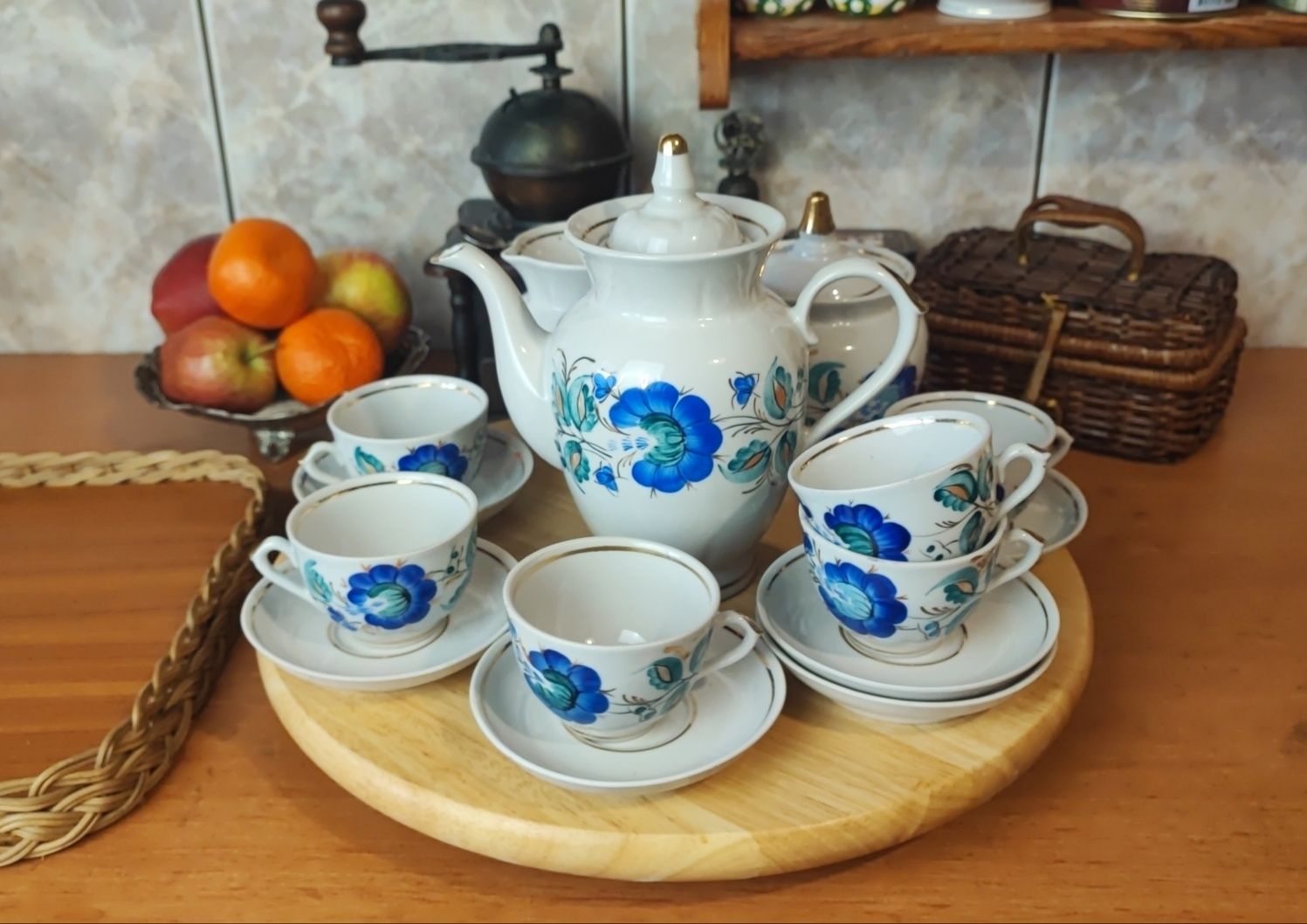 Kawowy serwis "Niebieski kwiat" RĘCZNIE malowany Porcelana ZSRR CCCP