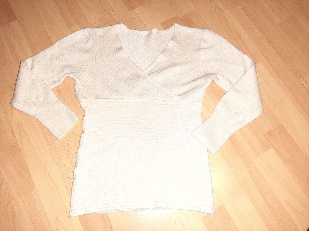 Kremowy sweter damski kopertowy r 36 prążek S elegancki