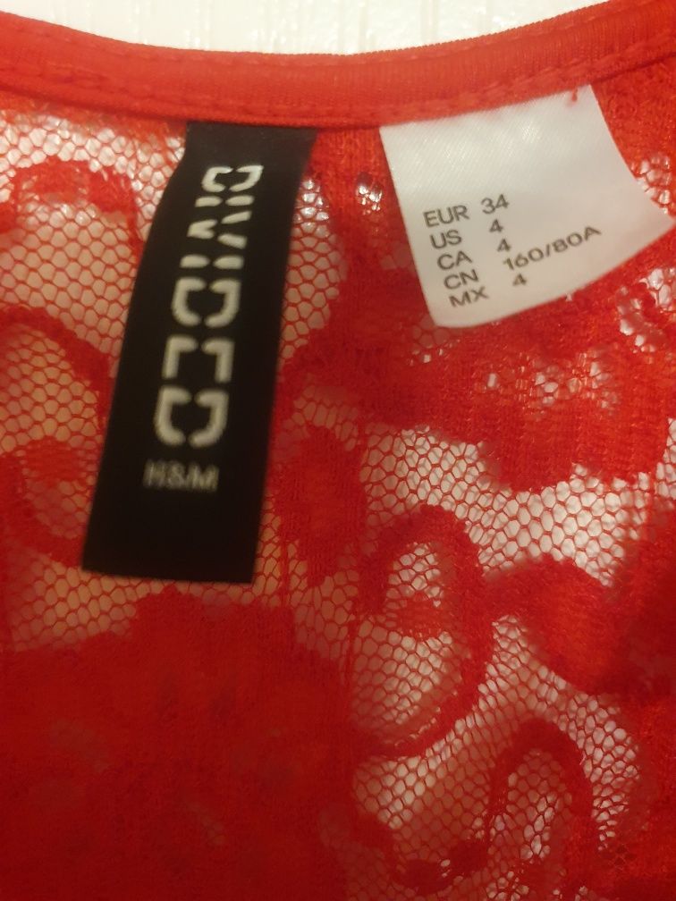 Sukienka mini czerwona rozkloszowana koronka H&M XS 34