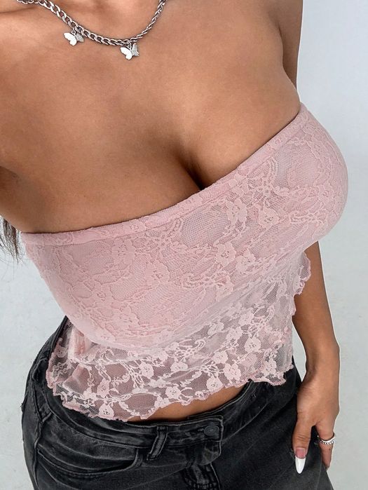 Top Crop Koronkowy Asymetryczny Różowy Casual Shein Xl 42