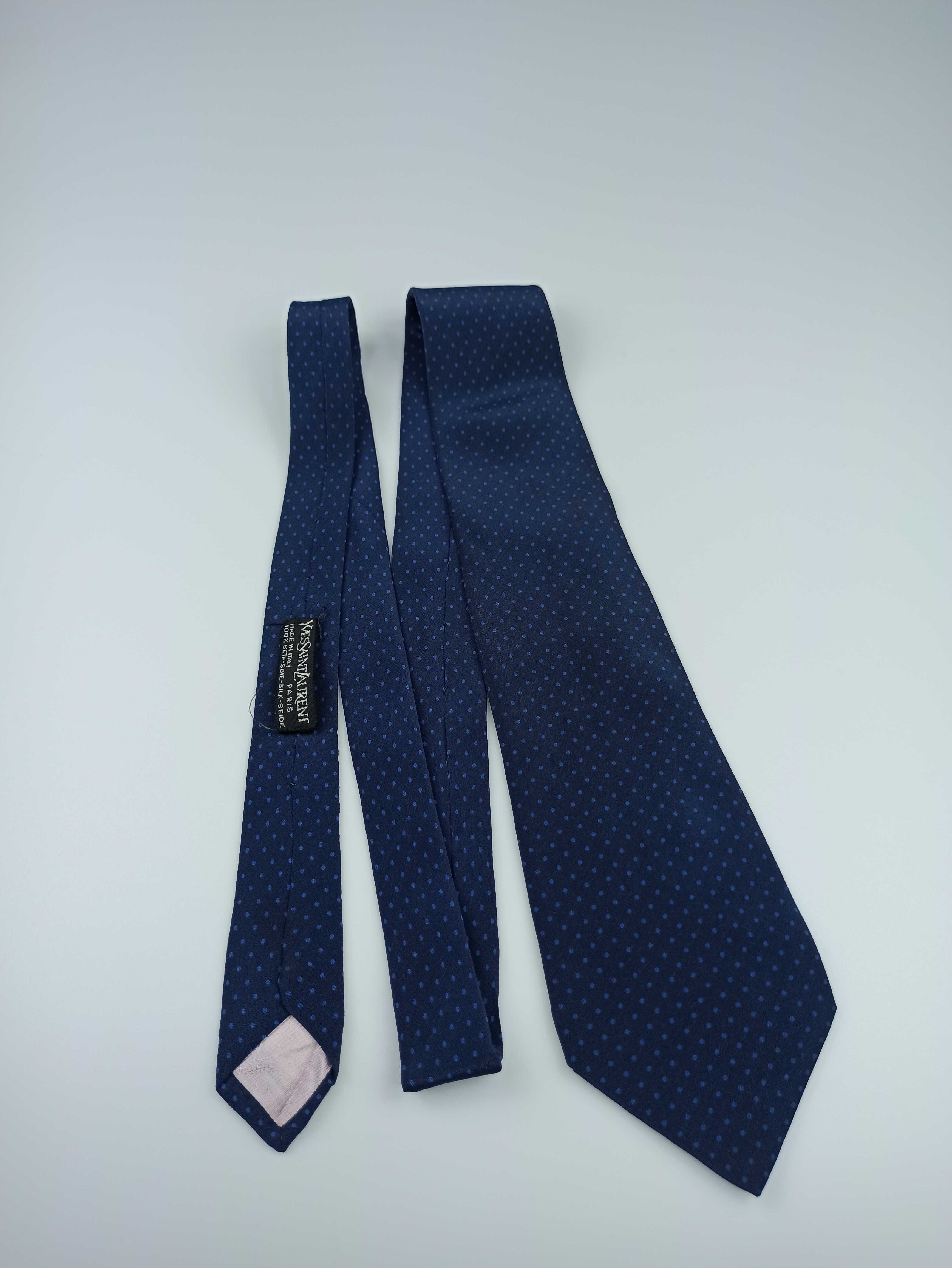 Yves Saint Laurent granatowy jedwabny krawat w groszki ysl12