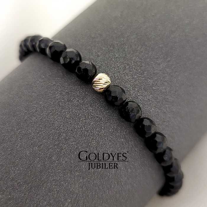 złota bransoletka na czarnym sznurku czarny turmalin 585 ZŁOTE KULKI