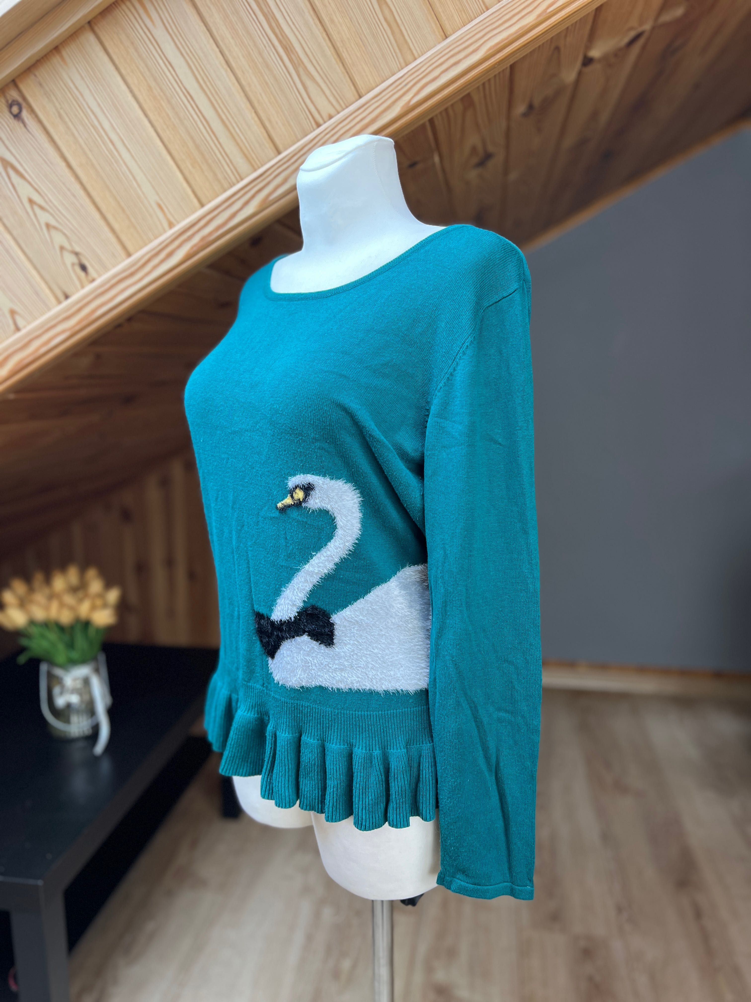 sweter real vintage łabędź zielony morski falbanka wiskoza wełna 42 XL