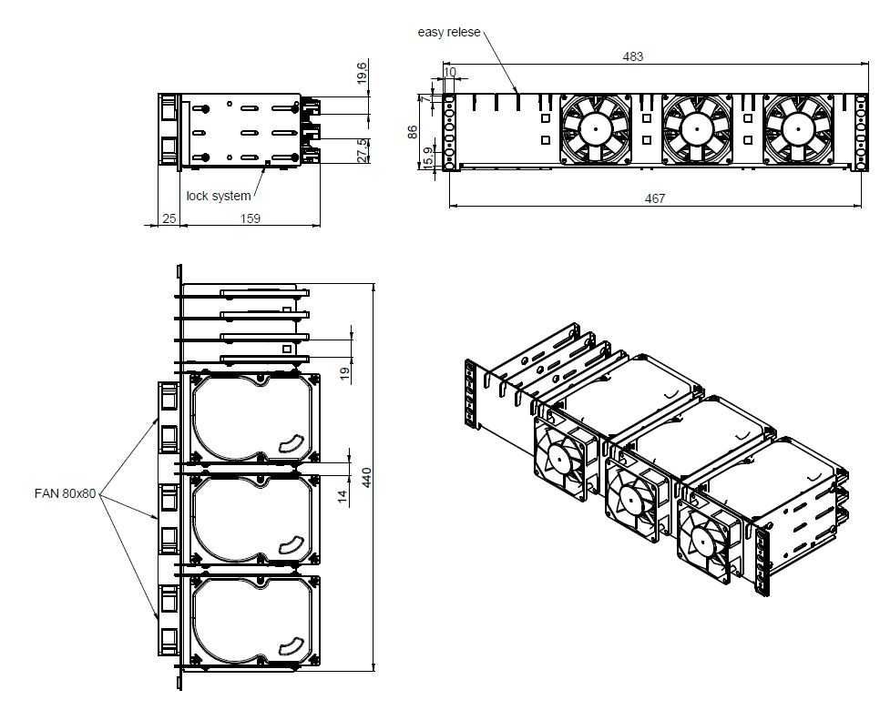 Uchwyt na dyski do szafy RACK 19 cali. 9 x HDD + 4 x SSD , 3 x FAN 80