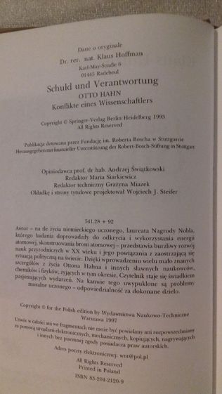 Wina i odpowiedzialność Otto Hahn. Konflikty uczonego. K. Hoffmann.