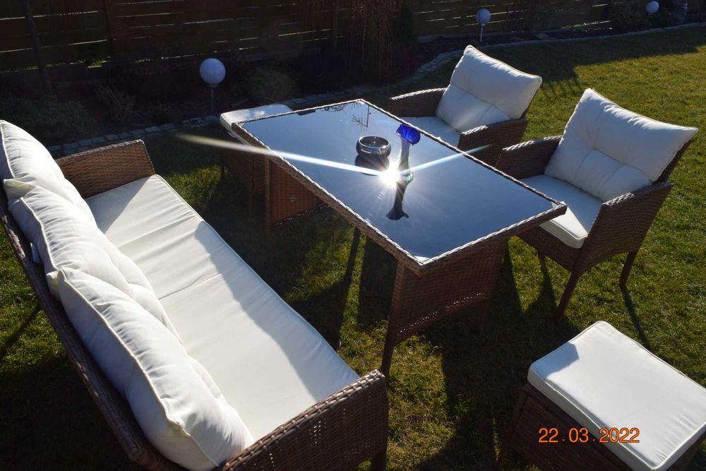 zestaw ogrodowy technorattan ODESSA sofa 3  2szt fotel 2szt pufa miod