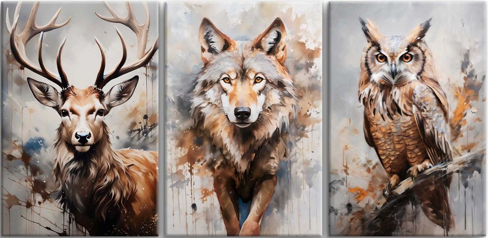 Obraz na płótnie Tryptyk Leśne zwierzęta.