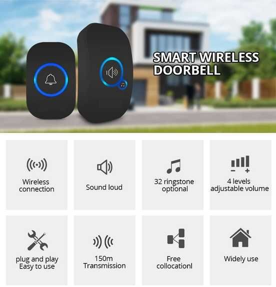 3x DZWONEK 1x ODBIORNIK Bezprzewodowy Zewnętrzny Drzwi 300m 60 melodii