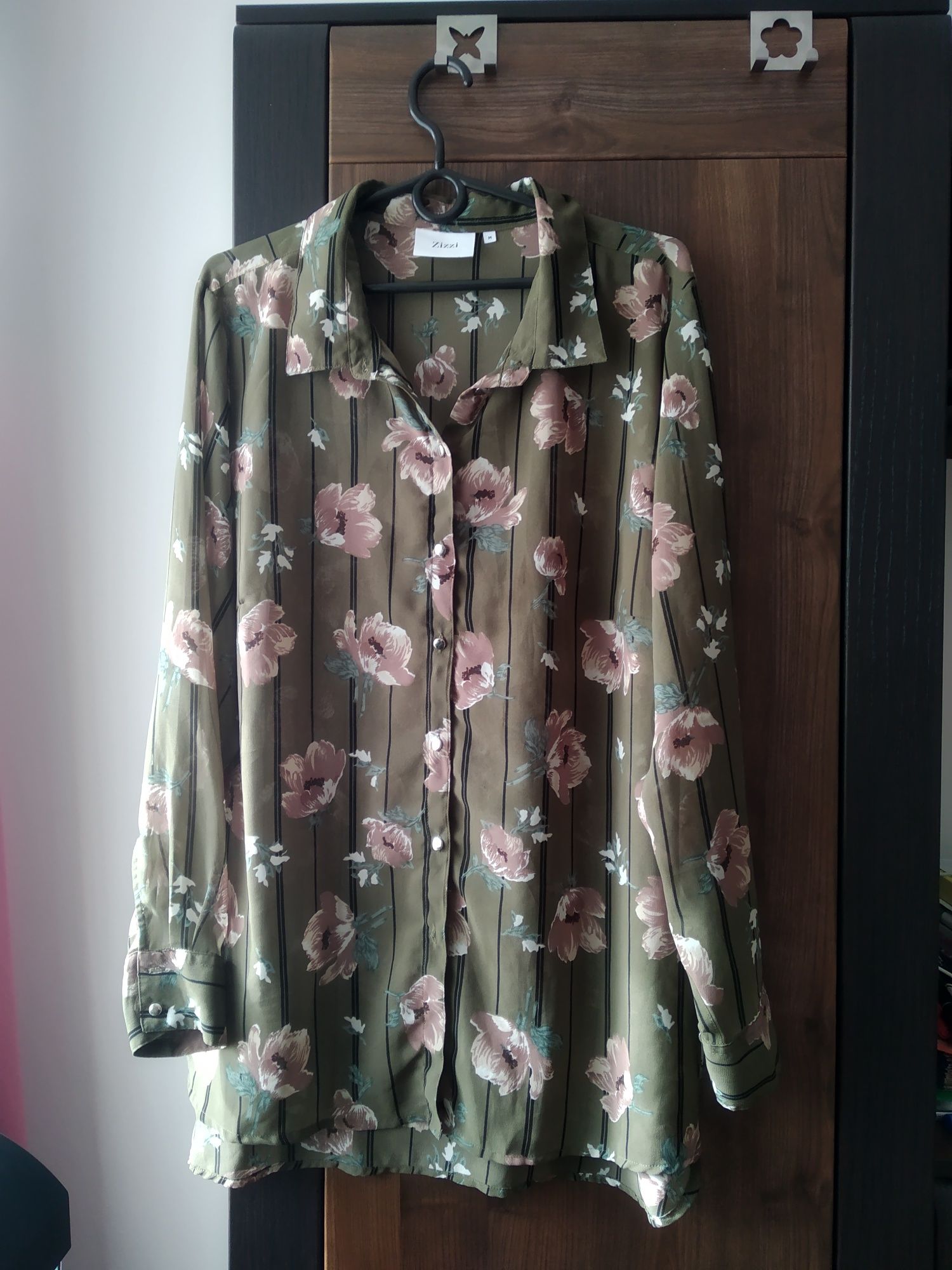 Koszula mgiełka khaki koszula w kwiaty oversize Zizzi floral bluzka