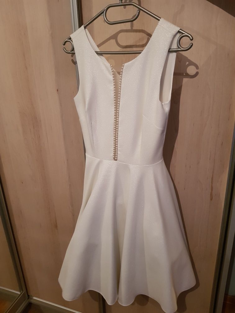 Biała krótka sukienka na ślub lub poprawiny rozkloszowna XS rozm 34