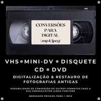 Conversões de MINI-DV, VHS, Disquetes, CD e DVD para digital/.mp4!
