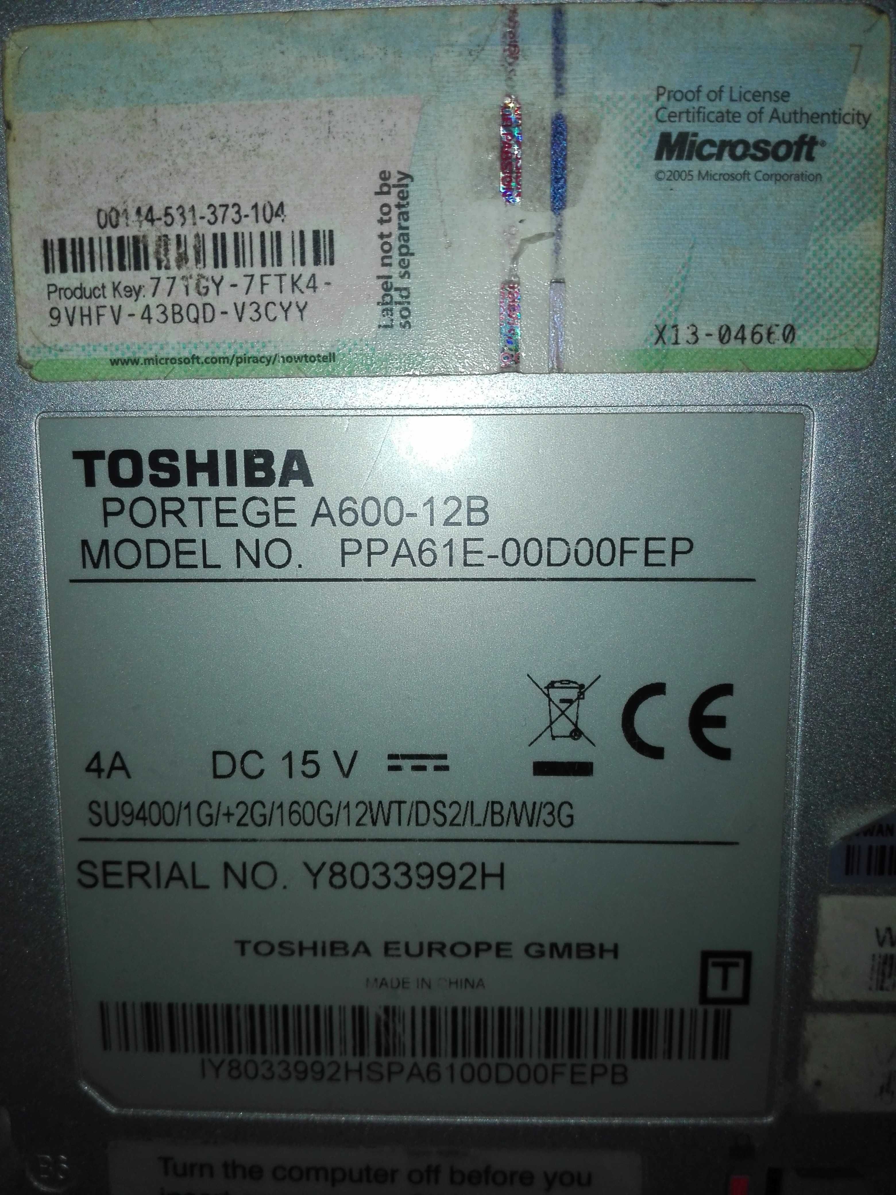Portátil Toshiba A600-12B Avariado Para Peças