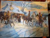 Zima duży stary polski obraz z Kresów XIXwieczny