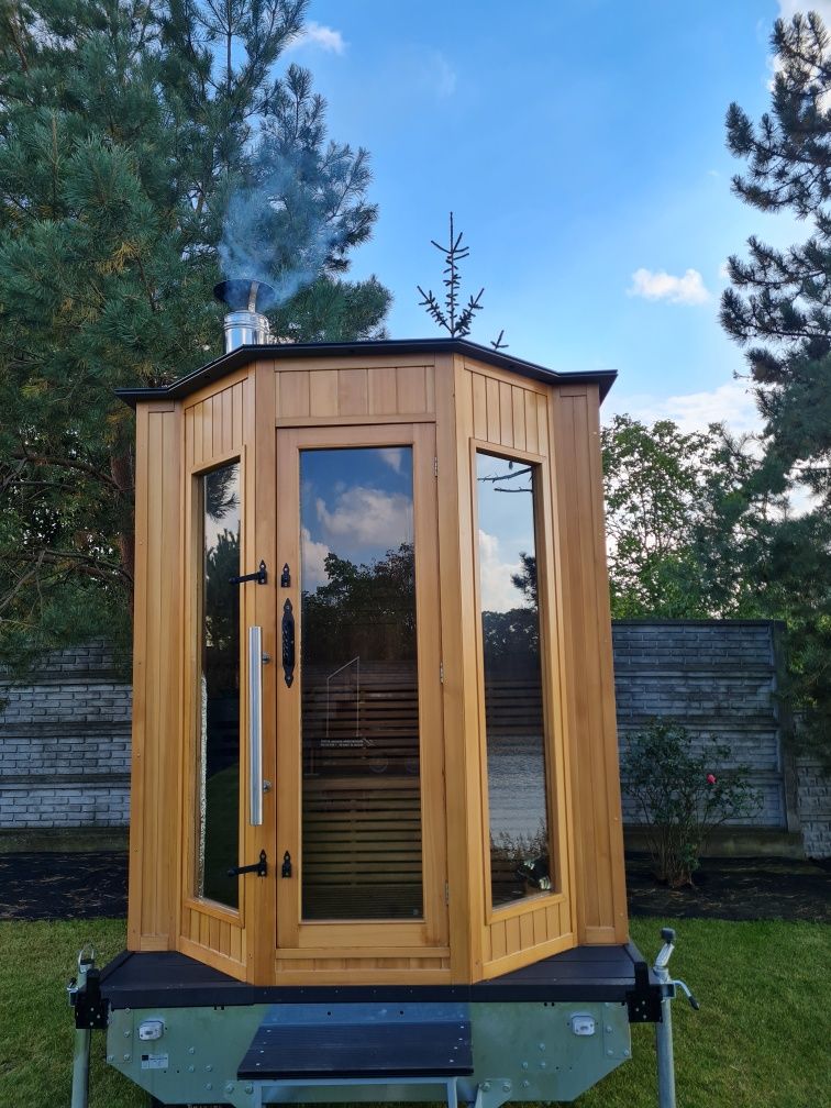Sauna fińska mobilna wynajem ledy ogrodowa na drewno przyczepie