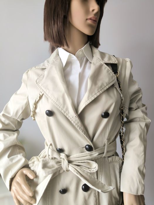 Beżowy trencz bawełniany, elegancki, dwurzędowy, rozm. M L 38 40