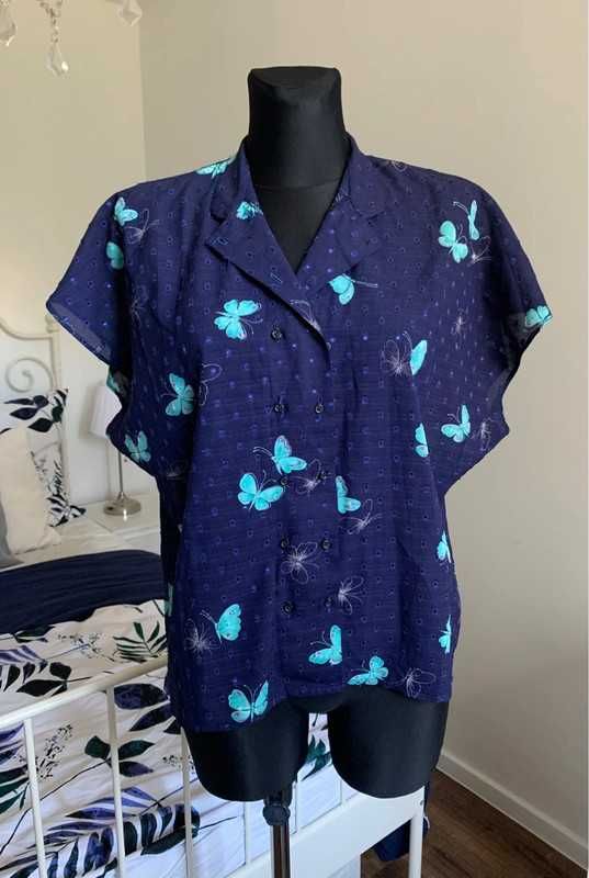 Granatowa koszula w motyle vintage retro oversize XL XXL